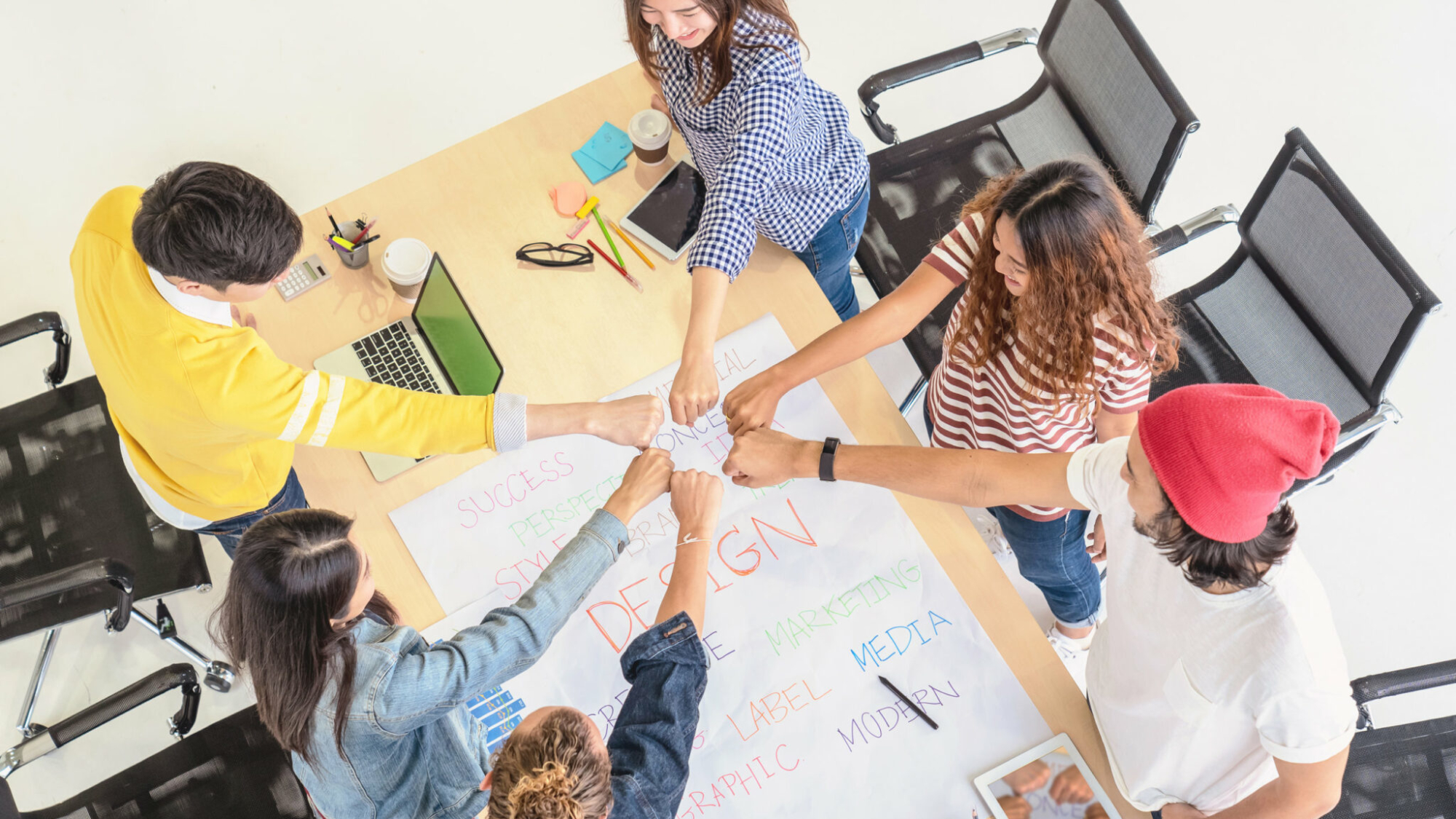 Top view scene of Asian and Multiethnic Business people with casual suit standing and Hand coordination with happy action for teamwork in the modern workplace, people business group concept