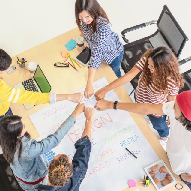 Top view scene of Asian and Multiethnic Business people with casual suit standing and Hand coordination with happy action for teamwork in the modern workplace, people business group concept